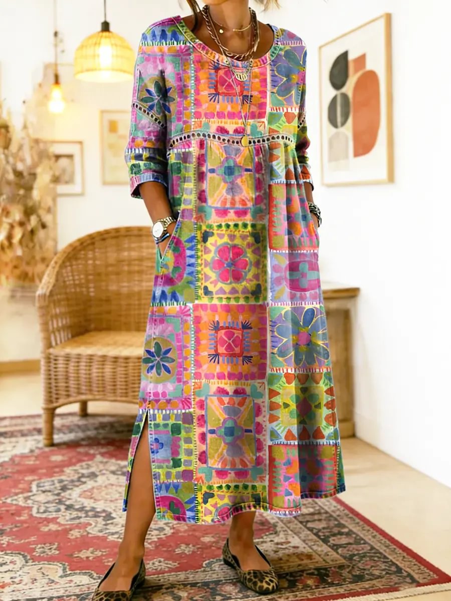 ethnic print maxi dress V-Neck Casual Ethnic Print Short-Sleeved Maxi Dress Tricia's