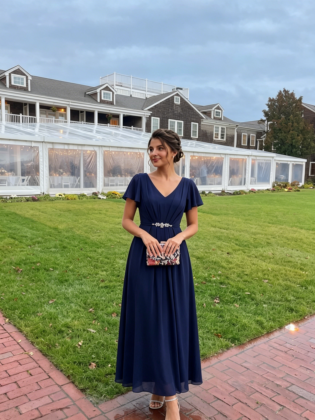 Rhinestone Embellished Chiffon Ruffle Sleeve Wedding Guest Dress