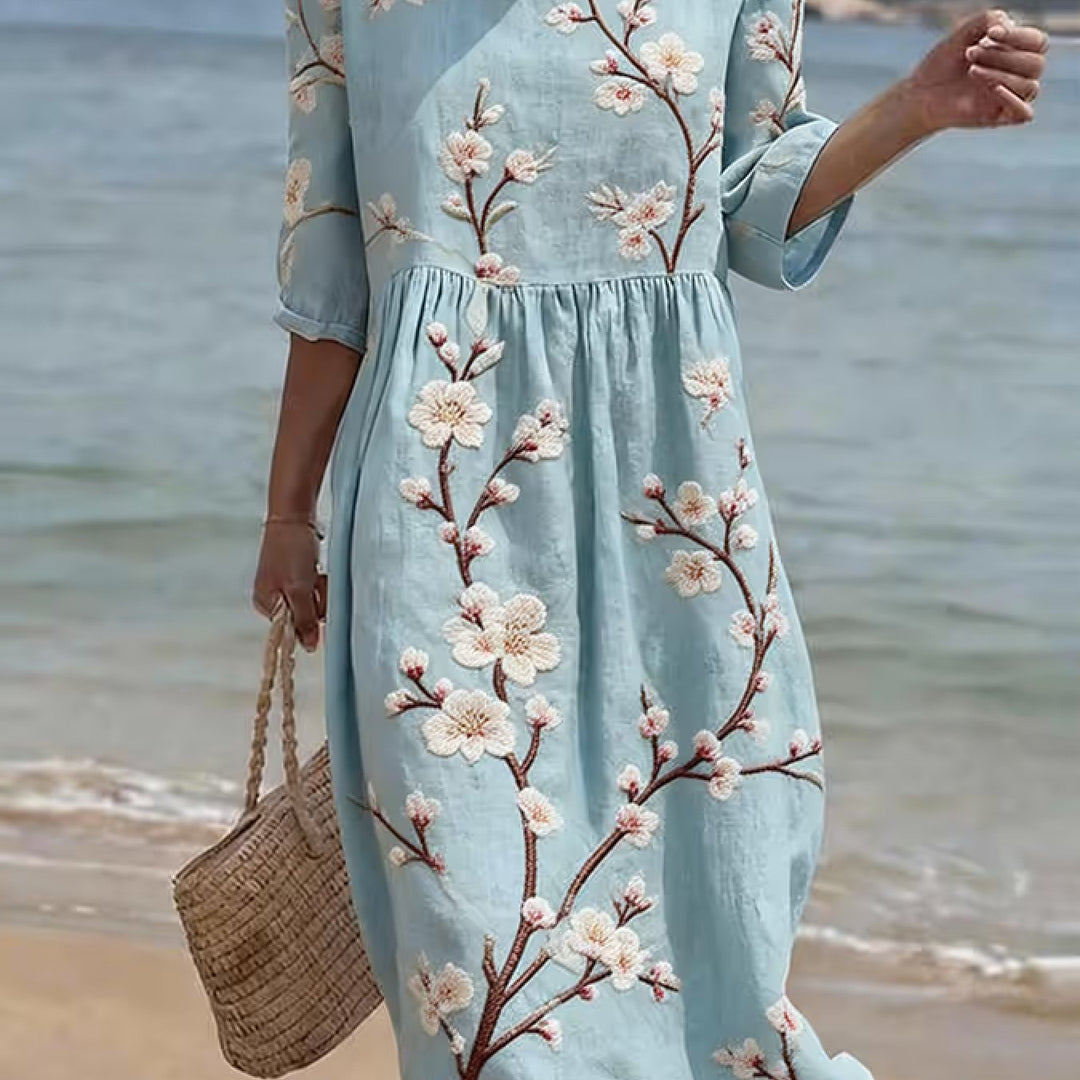 elbow sleeve dress casual 24seven Comfort Apparel Womens Pink Floral Elbow Sleeve Casual A Line Maxi Dress-Multicolor-S