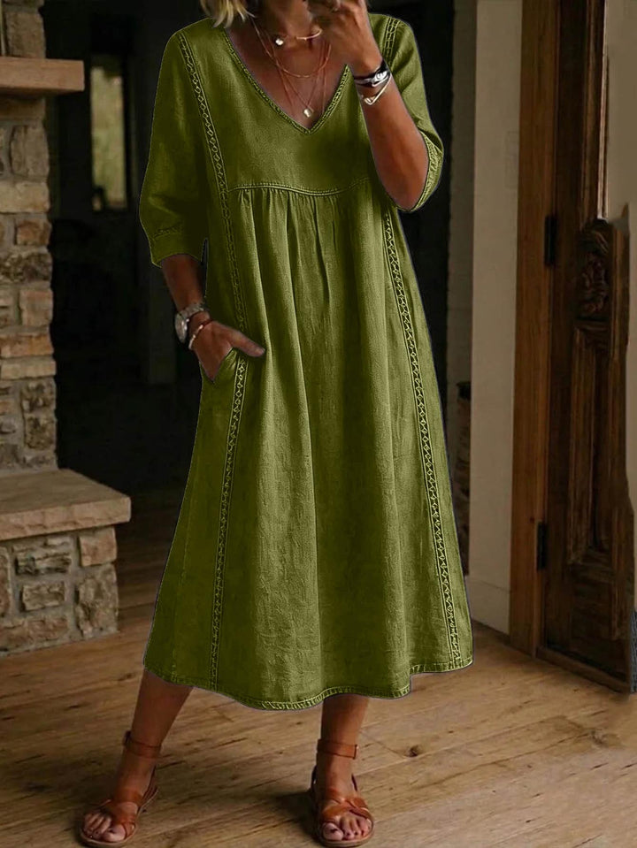 Carmen | Elegant Linen Maxi Dress with Ruched 3/4 Sleeves