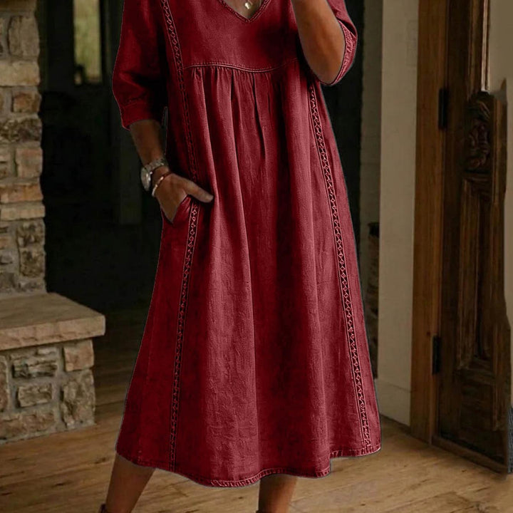Carmen | Elegant Linen Maxi Dress with Ruched 3/4 Sleeves