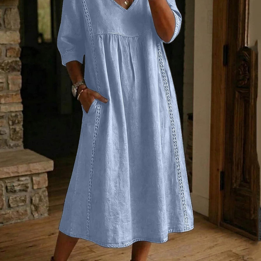 Carmen | Elegant Linen Maxi Dress with Ruched 3/4 Sleeves