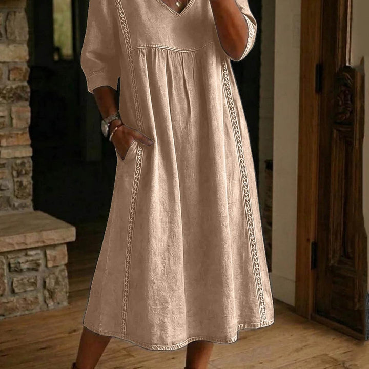 Carmen | Elegant Linen Maxi Dress with Ruched 3/4 Sleeves