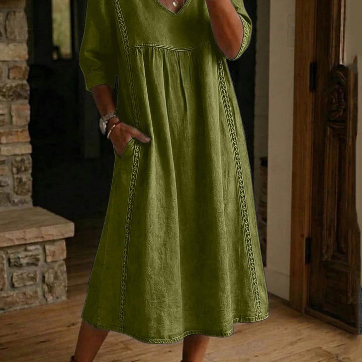 Carmen | Elegant Linen Maxi Dress with Ruched 3/4 Sleeves