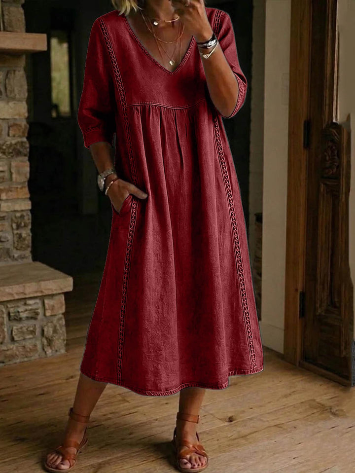 Carmen | Elegant Linen Maxi Dress with Ruched 3/4 Sleeves