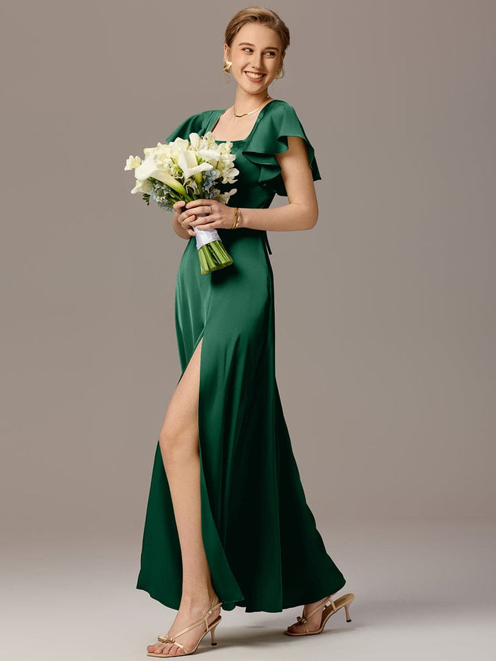 ever LIORIE|Satin Square Neck Short Sleeve Ruffled Maxi Bridesmaid Dress with Pockets