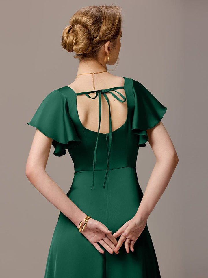 ever LIORIE|Satin Square Neck Short Sleeve Ruffled Maxi Bridesmaid Dress with Pockets