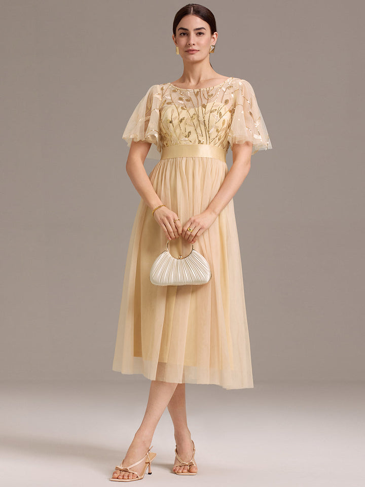 ever TAYLOR|Sequin Leaf Mesh Midi Party Dress