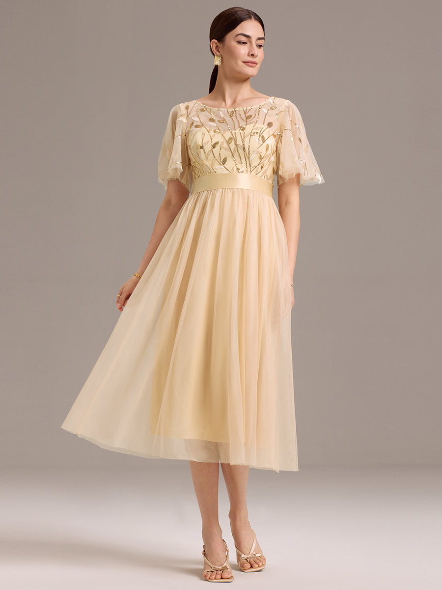 ever TAYLOR|Sequin Leaf Mesh Midi Party Dress