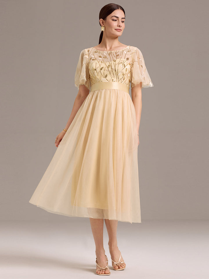 ever TAYLOR|Sequin Leaf Mesh Midi Party Dress