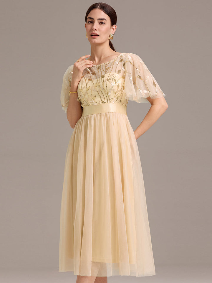 ever TAYLOR|Sequin Leaf Mesh Midi Party Dress