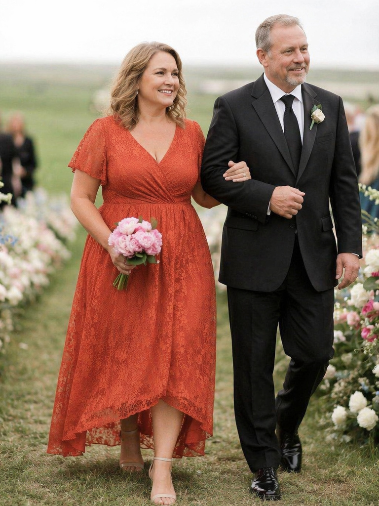 pretty ELISE|Plus Size Short Sleeve Ruffled V-Neck A-Line Lace Wedding Guest Dress