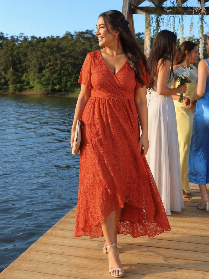 pretty ELISE|Plus Size Short Sleeve Ruffled V-Neck A-Line Lace Wedding Guest Dress