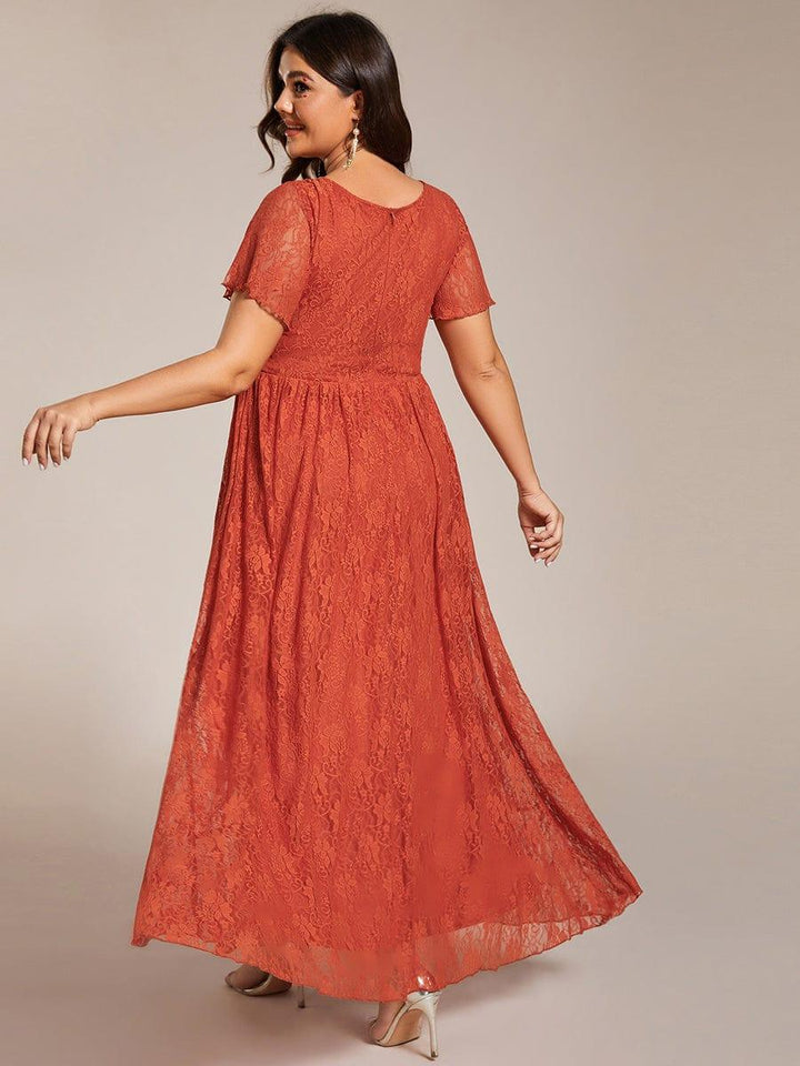 pretty ELISE|Plus Size Short Sleeve Ruffled V-Neck A-Line Lace Wedding Guest Dress