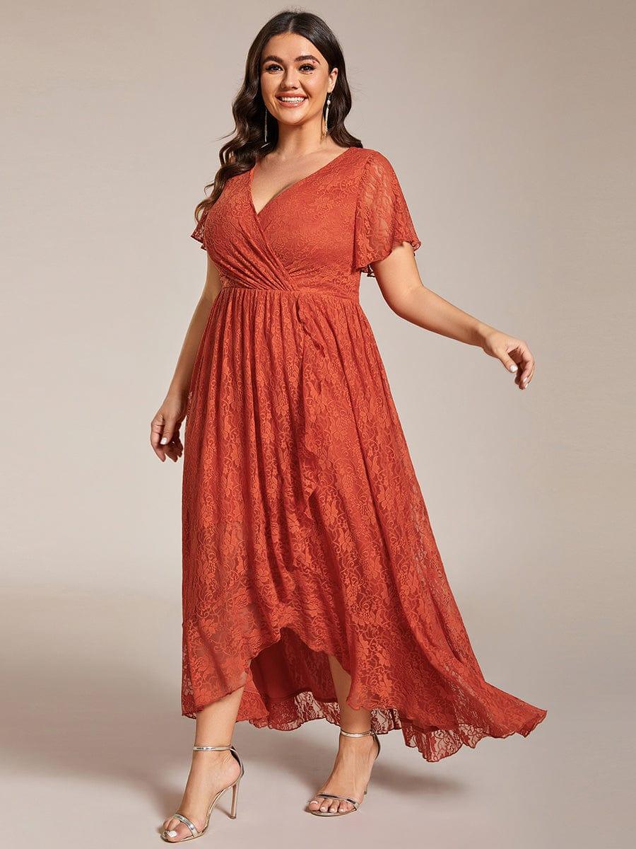 pretty ELISE|Plus Size Short Sleeve Ruffled V-Neck A-Line Lace Wedding Guest Dress