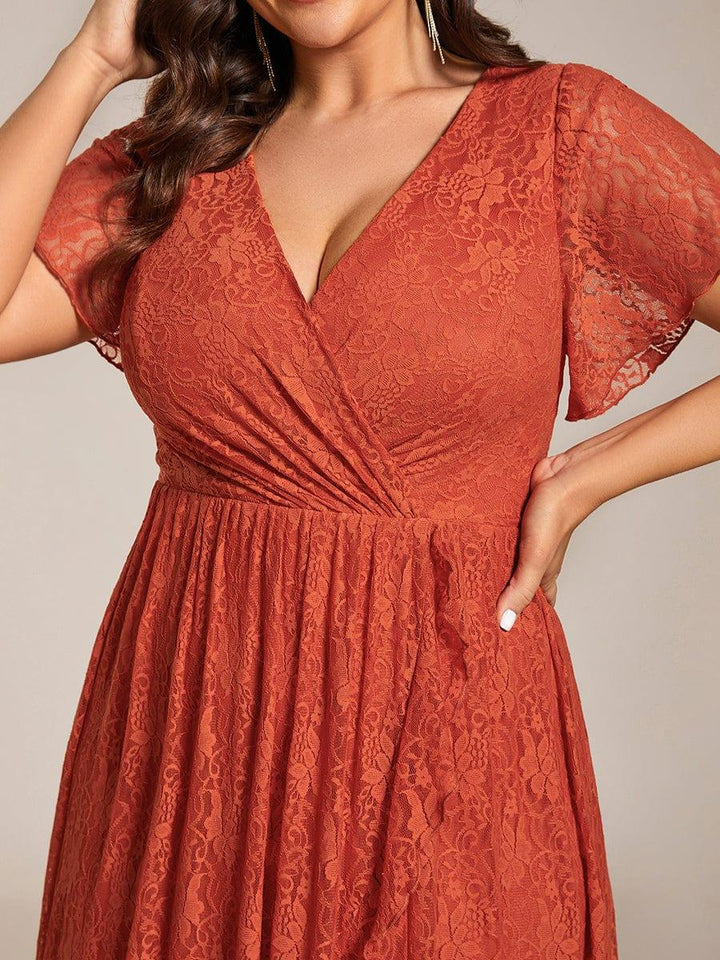 pretty ELISE|Plus Size Short Sleeve Ruffled V-Neck A-Line Lace Wedding Guest Dress
