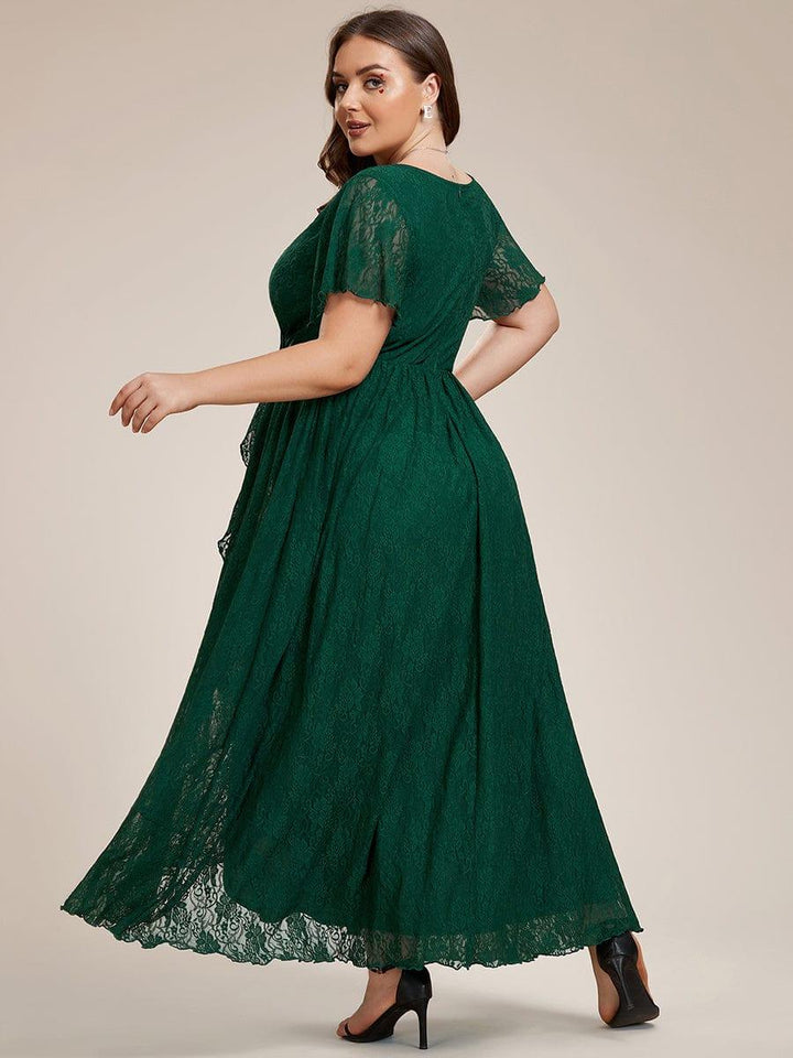 pretty ELISE|Plus Size Short Sleeve Ruffled V-Neck A-Line Lace Wedding Guest Dress