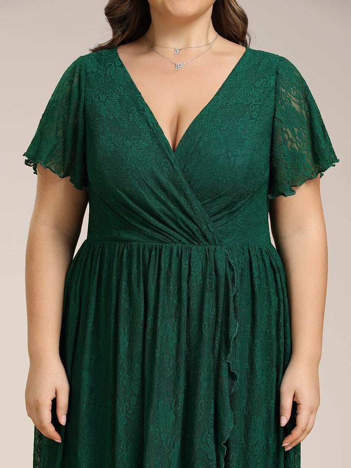 pretty ELISE|Plus Size Short Sleeve Ruffled V-Neck A-Line Lace Wedding Guest Dress