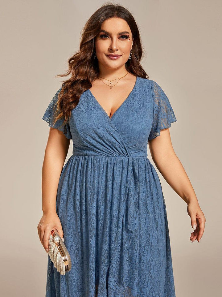 pretty ELISE|Plus Size Short Sleeve Ruffled V-Neck A-Line Lace Wedding Guest Dress