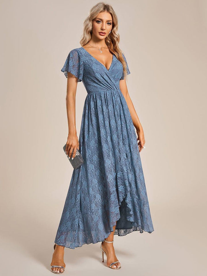 ever ELISE|Pleated V-Neck Short Sleeve Ruffled Lace Wedding Guest Dress
