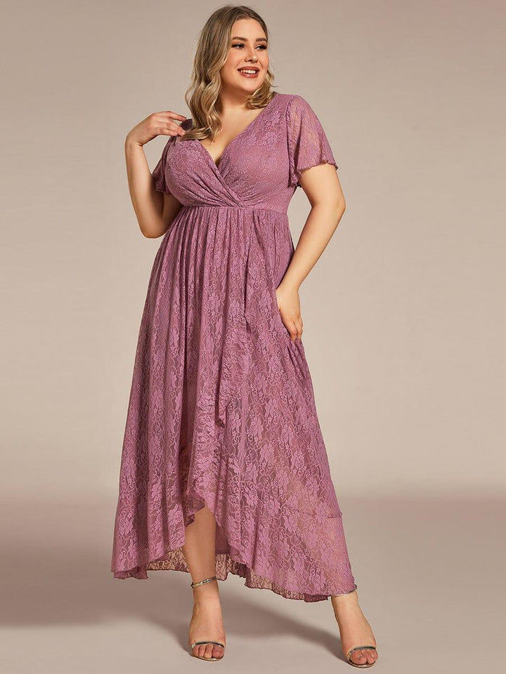 pretty ELISE|Plus Size Short Sleeve Ruffled V-Neck A-Line Lace Wedding Guest Dress