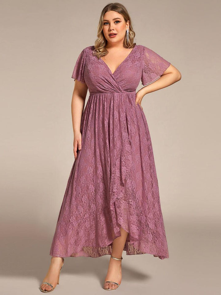 pretty ELISE|Plus Size Short Sleeve Ruffled V-Neck A-Line Lace Wedding Guest Dress