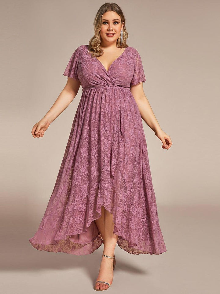 pretty ELISE|Plus Size Short Sleeve Ruffled V-Neck A-Line Lace Wedding Guest Dress