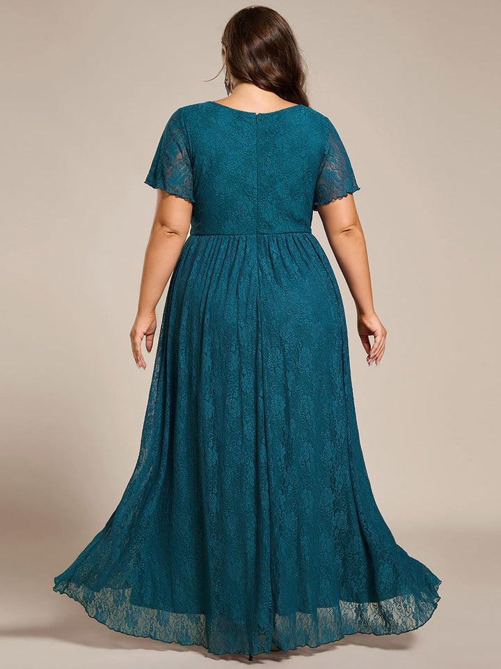 pretty ELISE|Plus Size Short Sleeve Ruffled V-Neck A-Line Lace Wedding Guest Dress