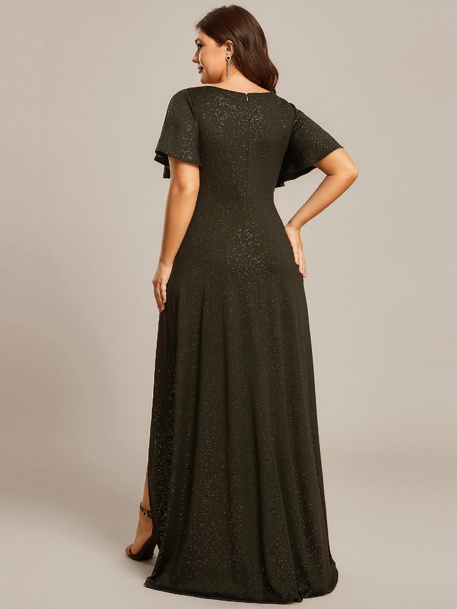 ever MELODÉ|Glitter High-Low Front Side Slit Ruffled V-Neck Evening Dress