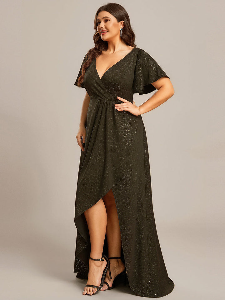 ever MELODÉ|Glitter High-Low Front Side Slit Ruffled V-Neck Evening Dress
