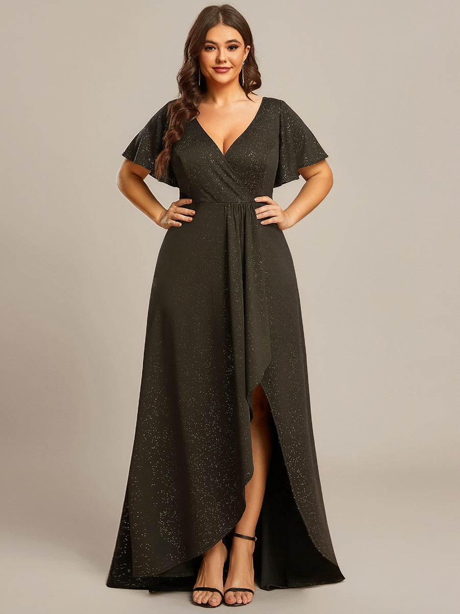ever MELODÉ|Glitter High-Low Front Side Slit Ruffled V-Neck Evening Dress