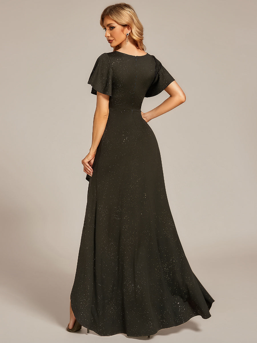 ever MELODÉ|Glitter High-Low Front Side Slit Ruffled V-Neck Evening Dress