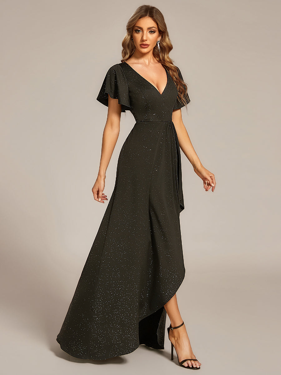 ever MELODÉ|Glitter High-Low Front Side Slit Ruffled V-Neck Evening Dress
