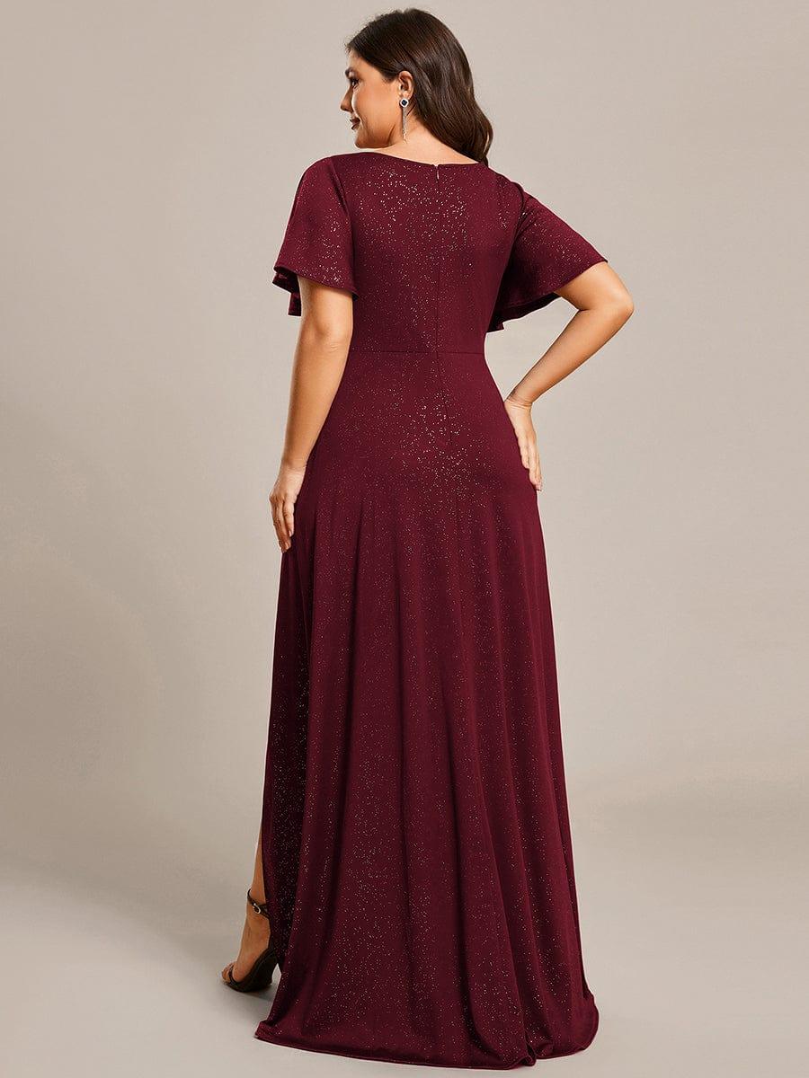 ever MELODÉ|Glitter High-Low Front Side Slit Ruffled V-Neck Evening Dress