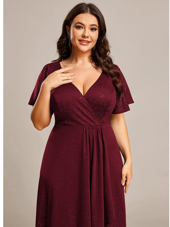 ever MELODÉ|Glitter High-Low Front Side Slit Ruffled V-Neck Evening Dress