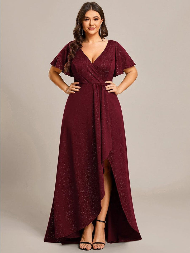 ever MELODÉ|Glitter High-Low Front Side Slit Ruffled V-Neck Evening Dress