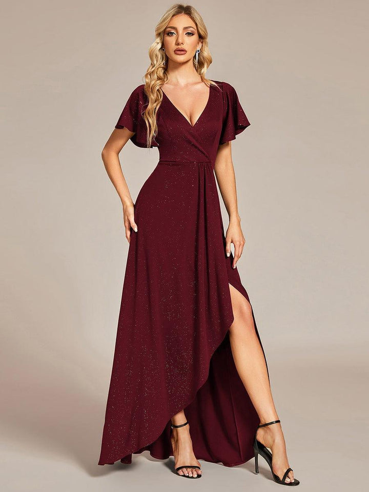 ever MELODÉ|Glitter High-Low Front Side Slit Ruffled V-Neck Evening Dress