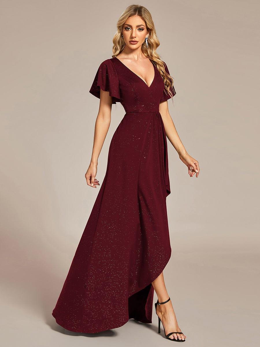 ever MELODÉ|Glitter High-Low Front Side Slit Ruffled V-Neck Evening Dress