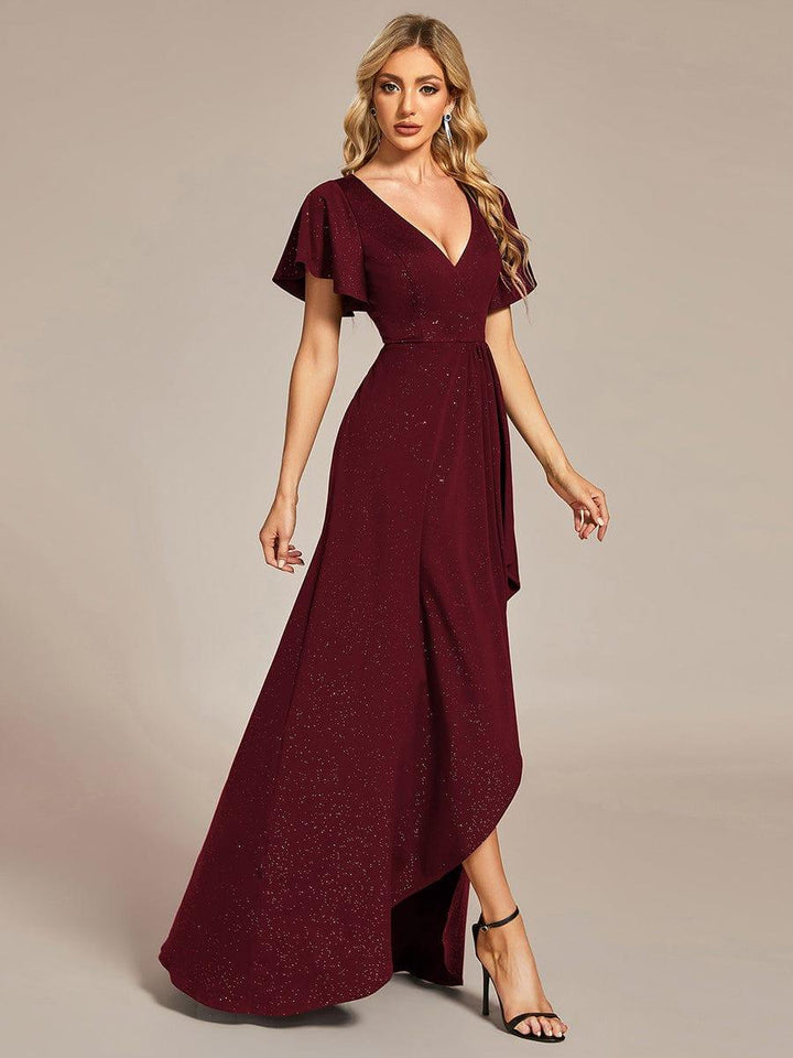 ever MELODÉ|Glitter High-Low Front Side Slit Ruffled V-Neck Evening Dress