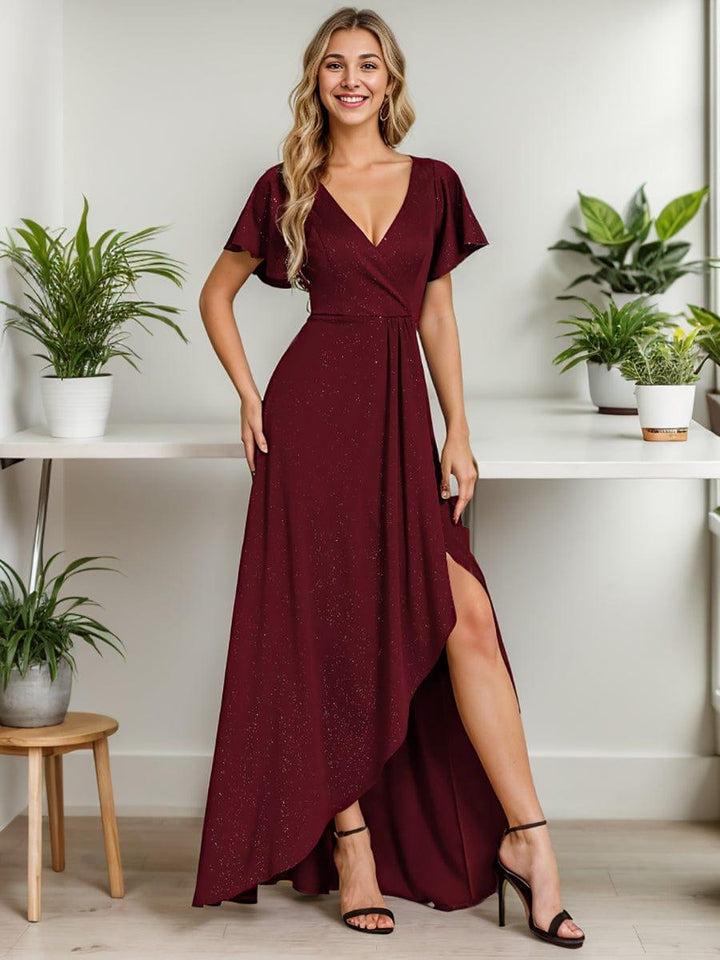 ever MELODÉ|Glitter High-Low Front Side Slit Ruffled V-Neck Evening Dress