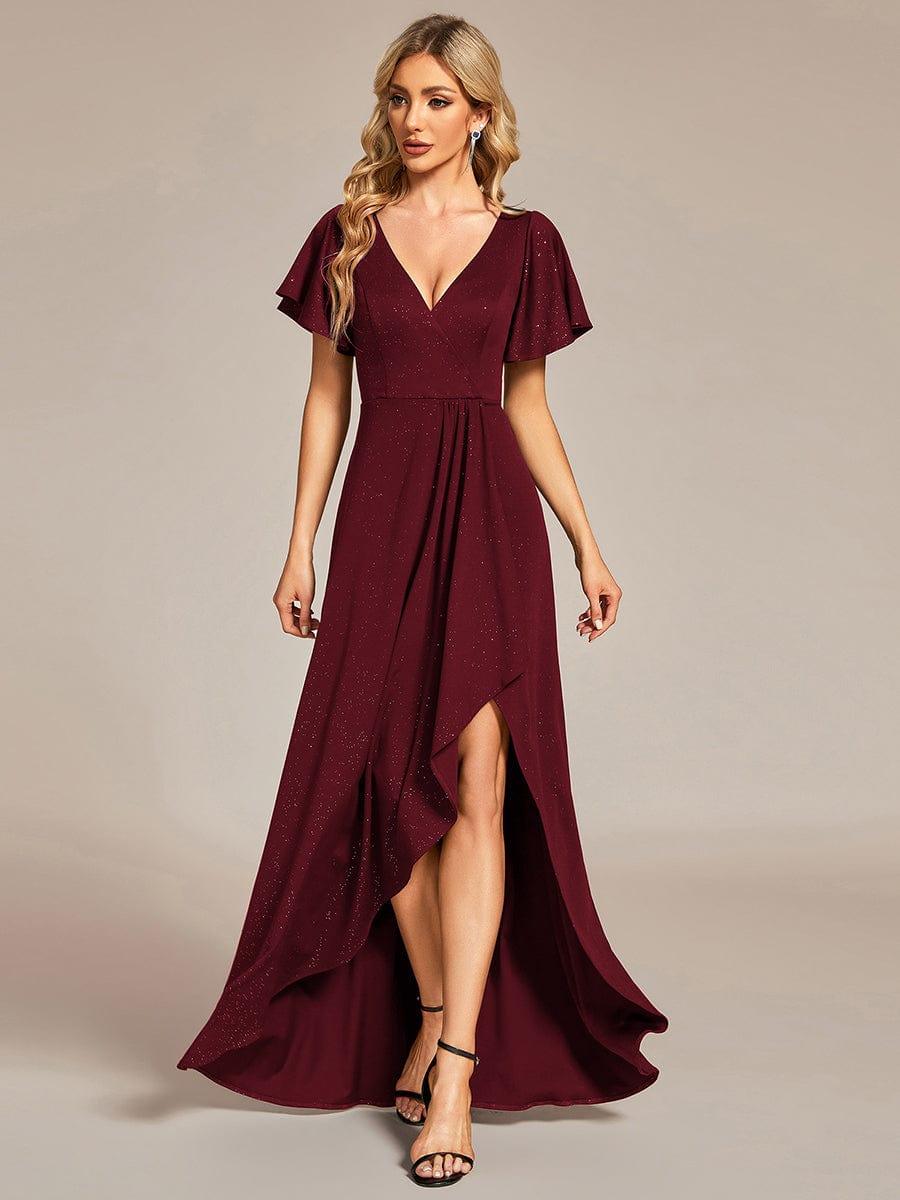 ever MELODÉ|Glitter High-Low Front Side Slit Ruffled V-Neck Evening Dress
