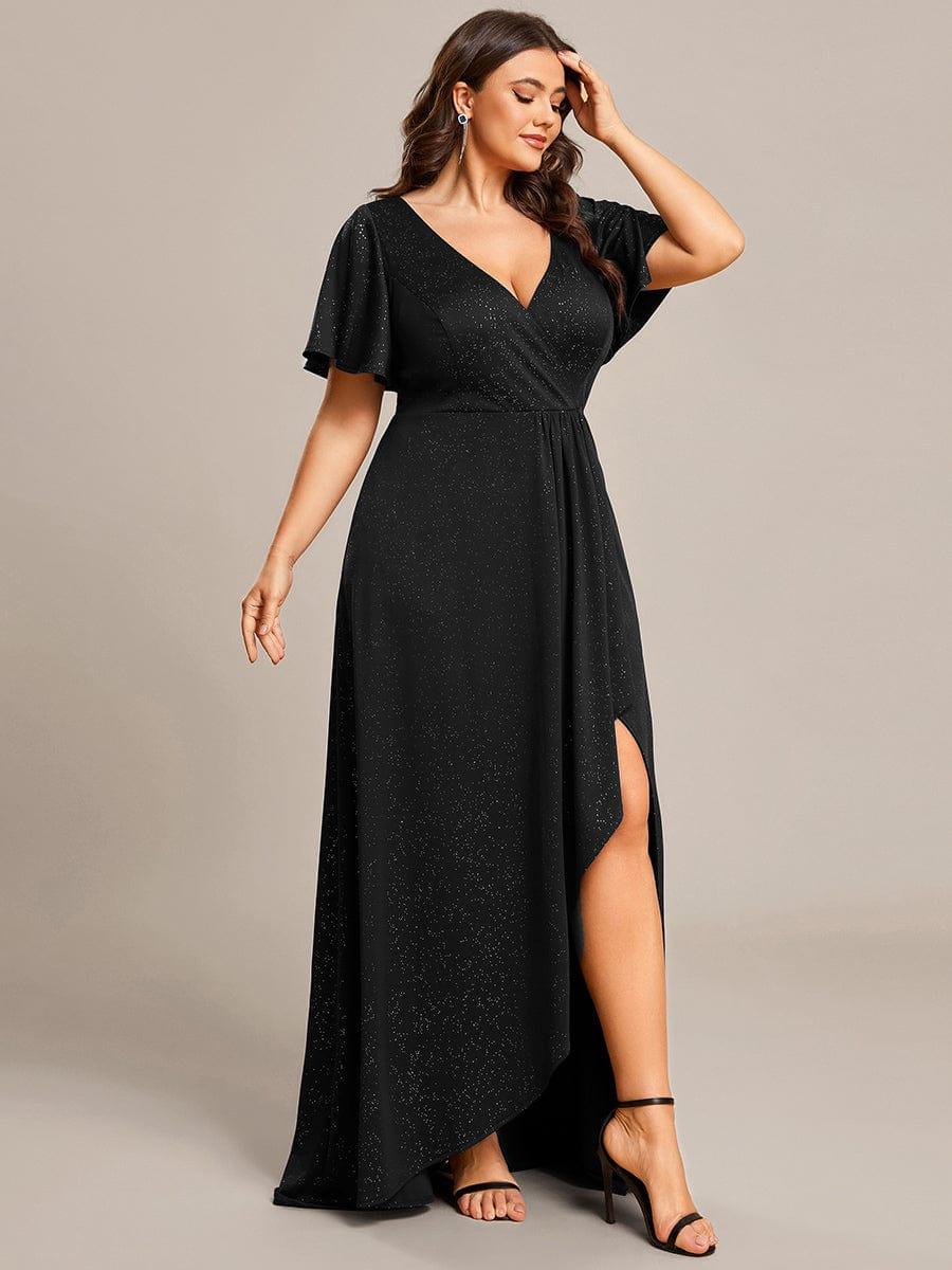 ever MELODÉ|Glitter High-Low Front Side Slit Ruffled V-Neck Evening Dress
