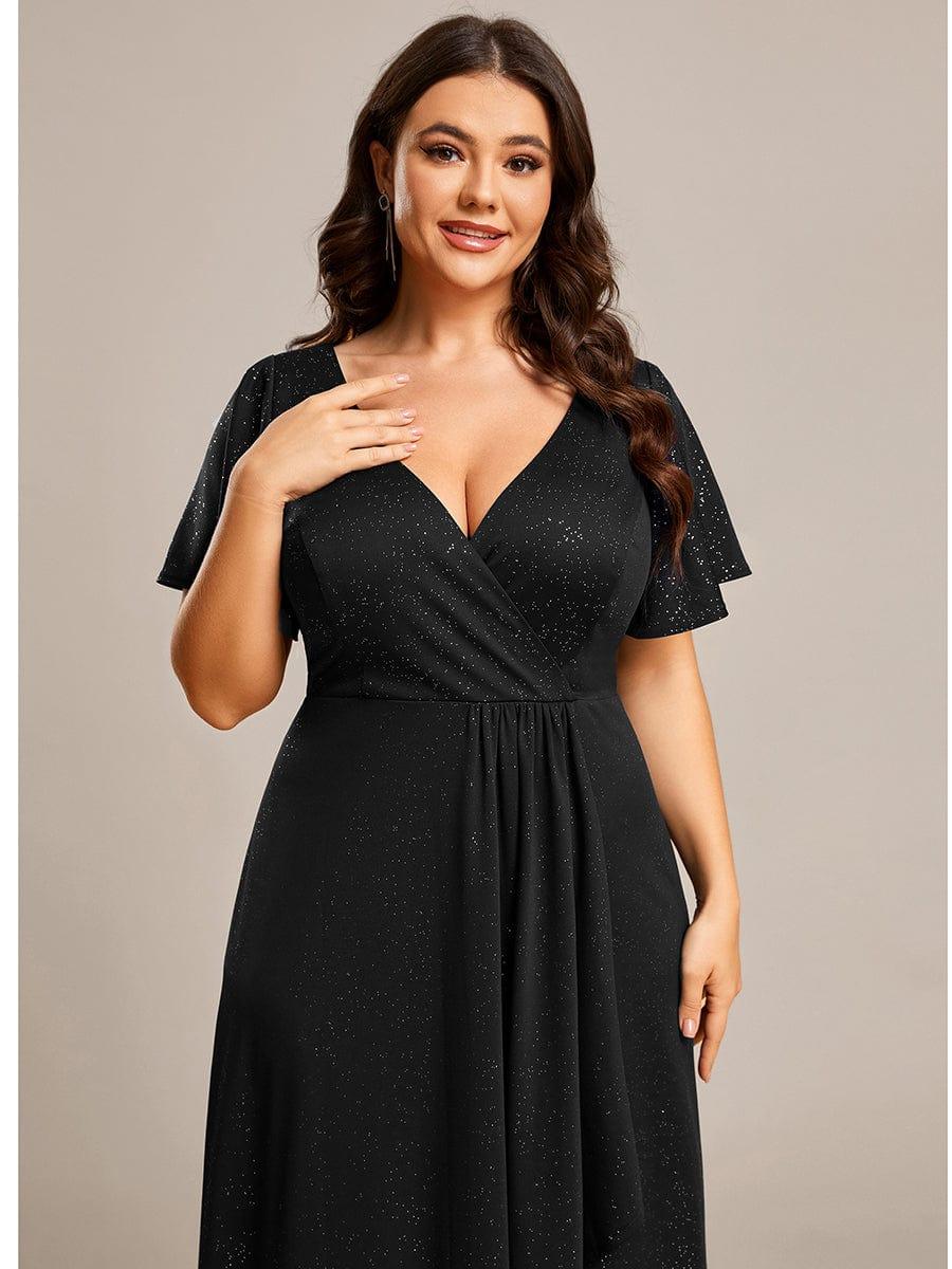 ever MELODÉ|Glitter High-Low Front Side Slit Ruffled V-Neck Evening Dress