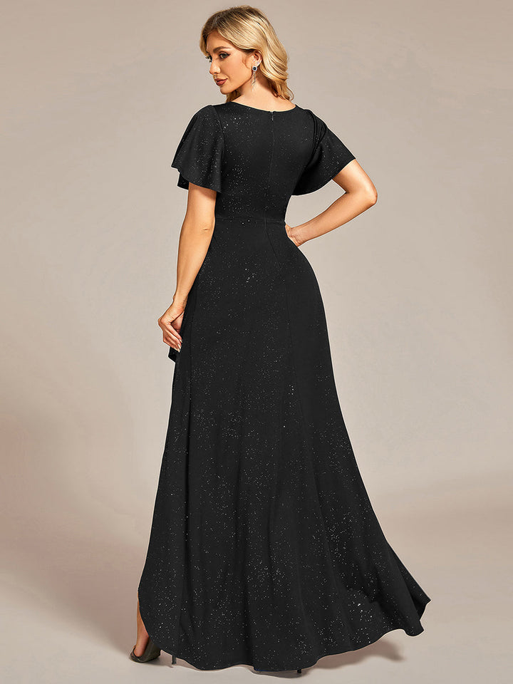 ever MELODÉ|Glitter High-Low Front Side Slit Ruffled V-Neck Evening Dress