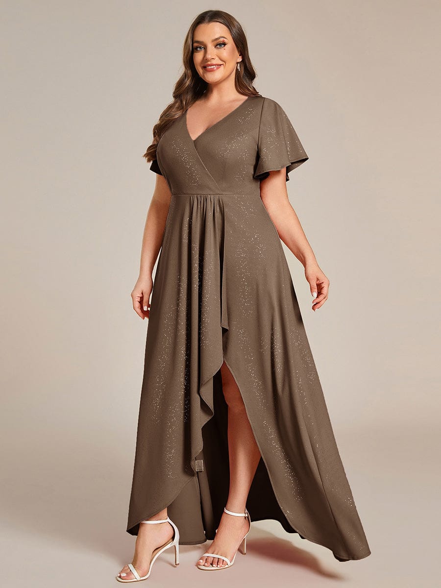 ever MELODÉ|Glitter High-Low Front Side Slit Ruffled V-Neck Evening Dress