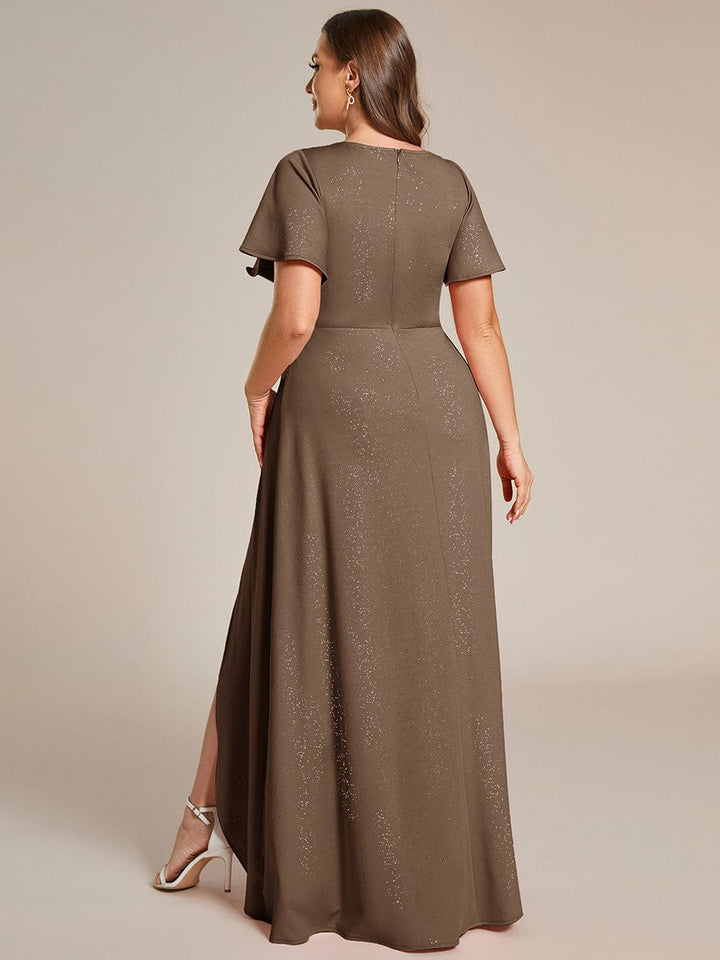 ever MELODÉ|Glitter High-Low Front Side Slit Ruffled V-Neck Evening Dress