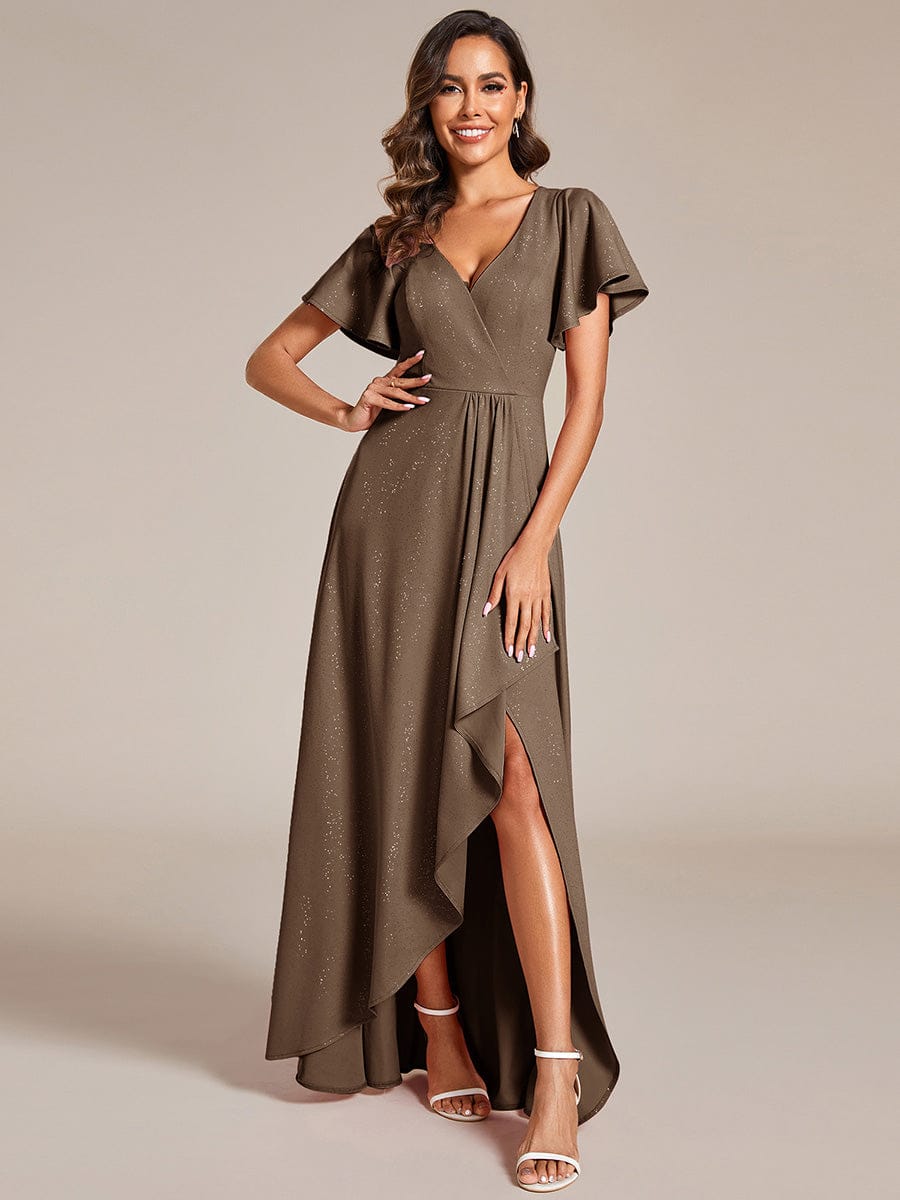 ever MELODÉ|Glitter High-Low Front Side Slit Ruffled V-Neck Evening Dress