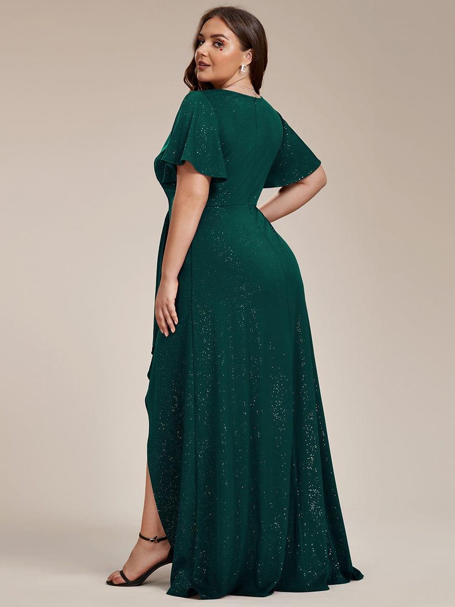 ever MELODÉ|Glitter High-Low Front Side Slit Ruffled V-Neck Evening Dress
