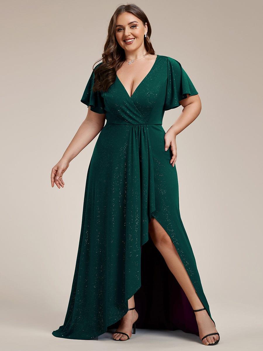 ever MELODÉ|Glitter High-Low Front Side Slit Ruffled V-Neck Evening Dress