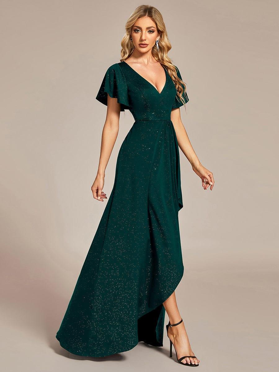ever MELODÉ|Glitter High-Low Front Side Slit Ruffled V-Neck Evening Dress